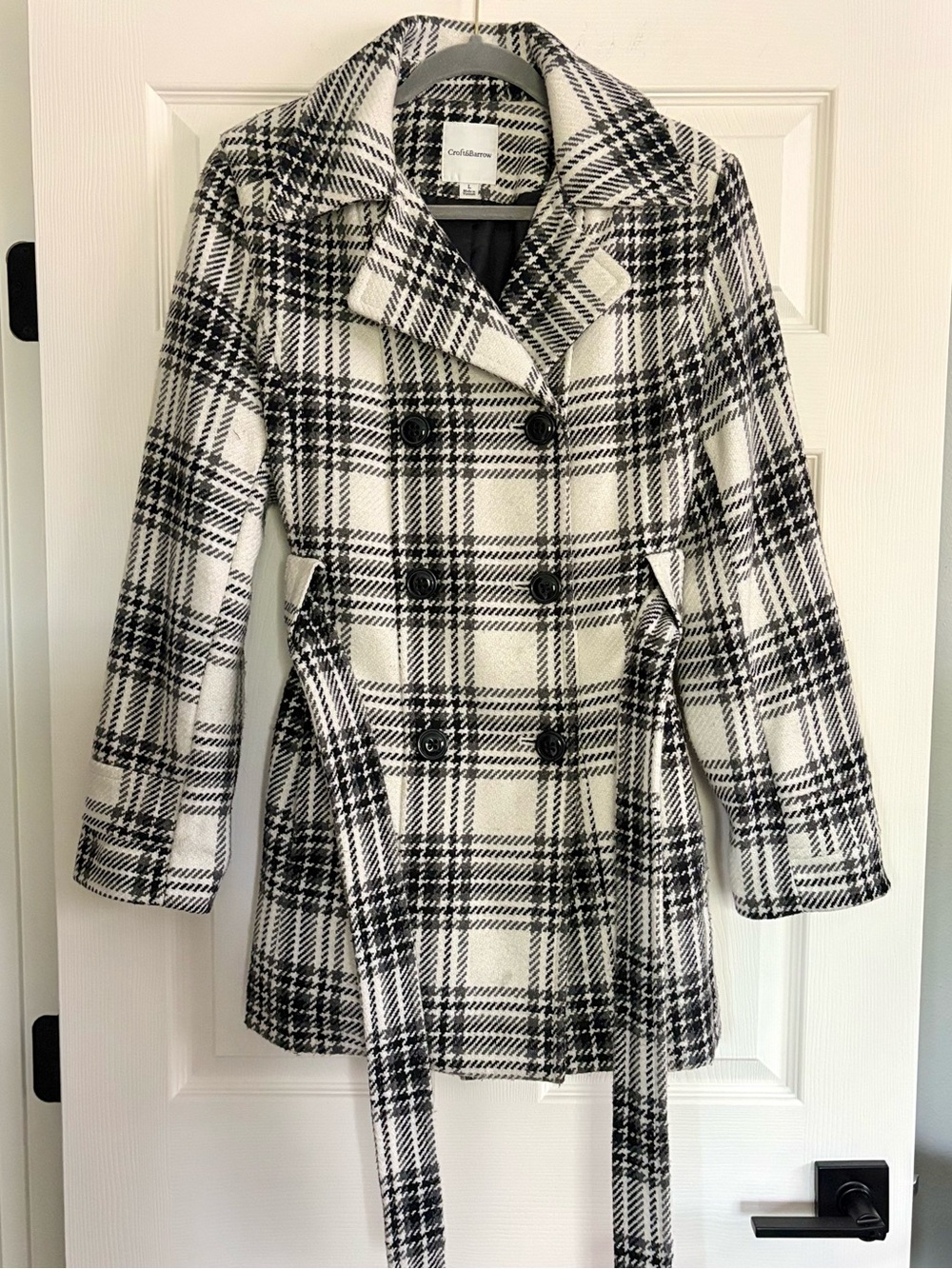 croft & barrow Black and White Plaid Double-Breasted Peacoat with Belt